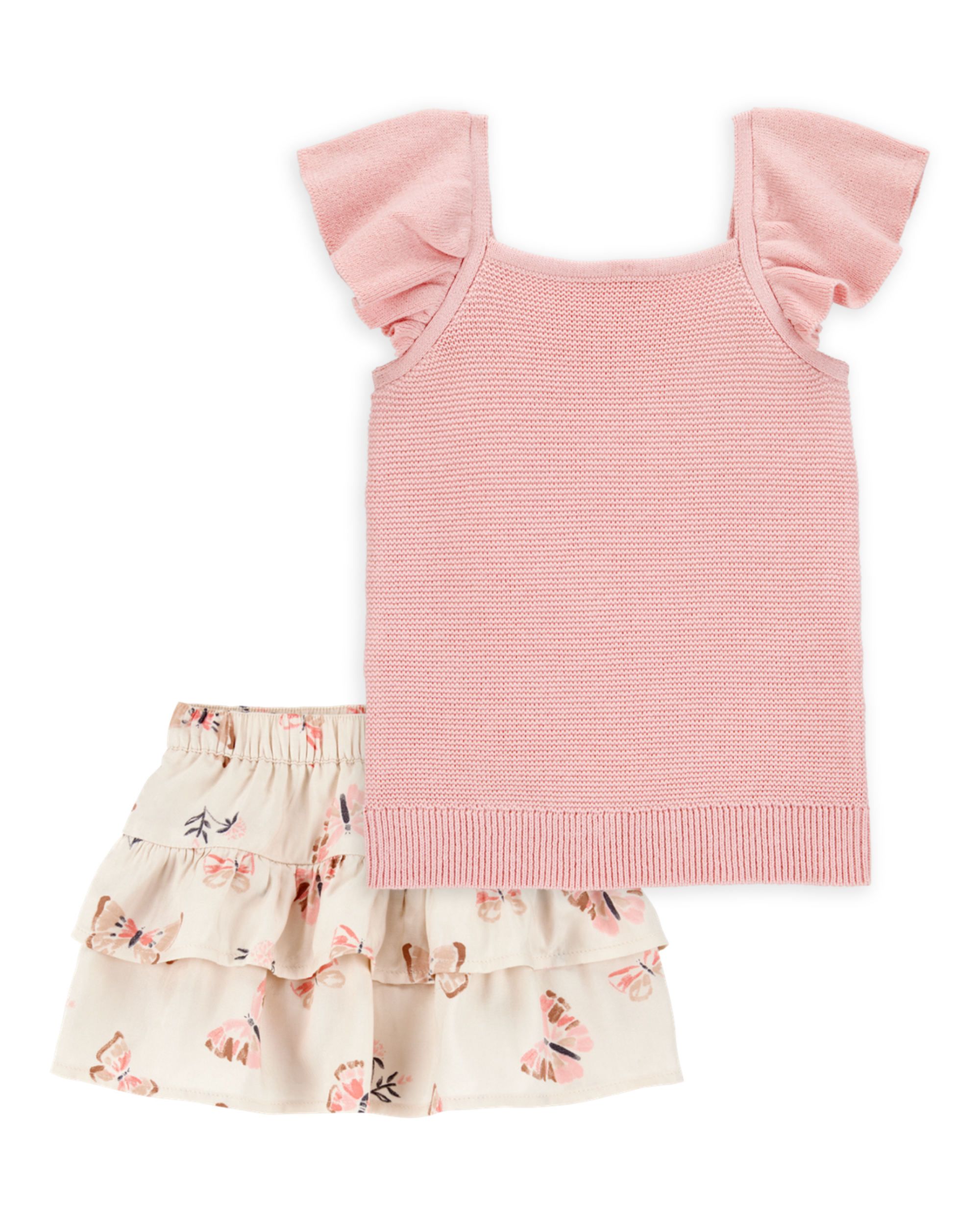 Toddler 2-Piece Flutter-Sleeve Rib Tank & Butterfly Ruffle Skort Set - Pink/Ivory