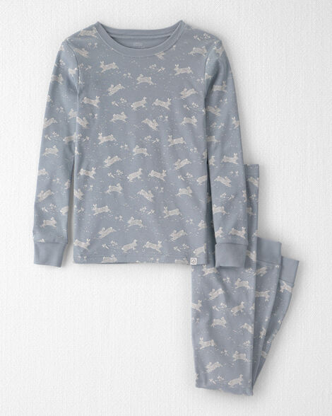 Kids 2-Piece Organic Cotton Ribbed Pajama Set in Blue Bunnies Print