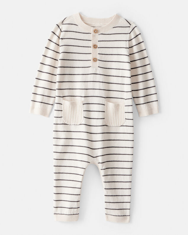 Product image 1 of Baby Boy Striped Cotton Long-Sleeve Jumpsuit - White