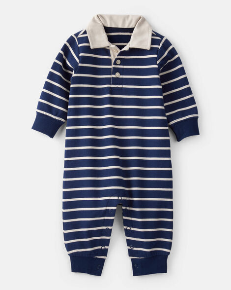 baby boy cotton long-sleeve polo jumpsuit - navy/white