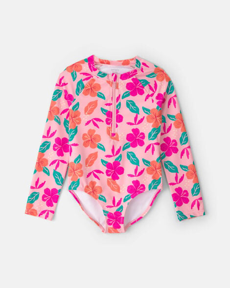 girls floral rashguard - pink/orange