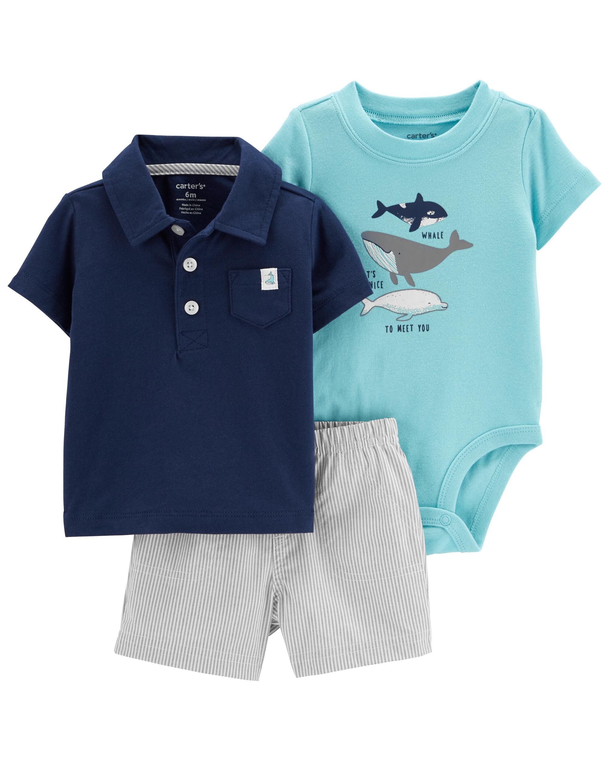 Carters Infant Boy 3 Piece Blue Big Time Cutie Crab Shirt Shorts Creeper Set NB 