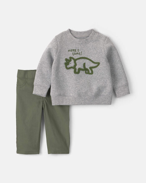 baby boy 2-piece dinosaur fleece pullover & pant set - grey