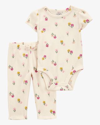 Product image 1 of Baby 2-Piece Floral Short-Sleeve Waffle Knit Bodysuit Pant Set - Ivory