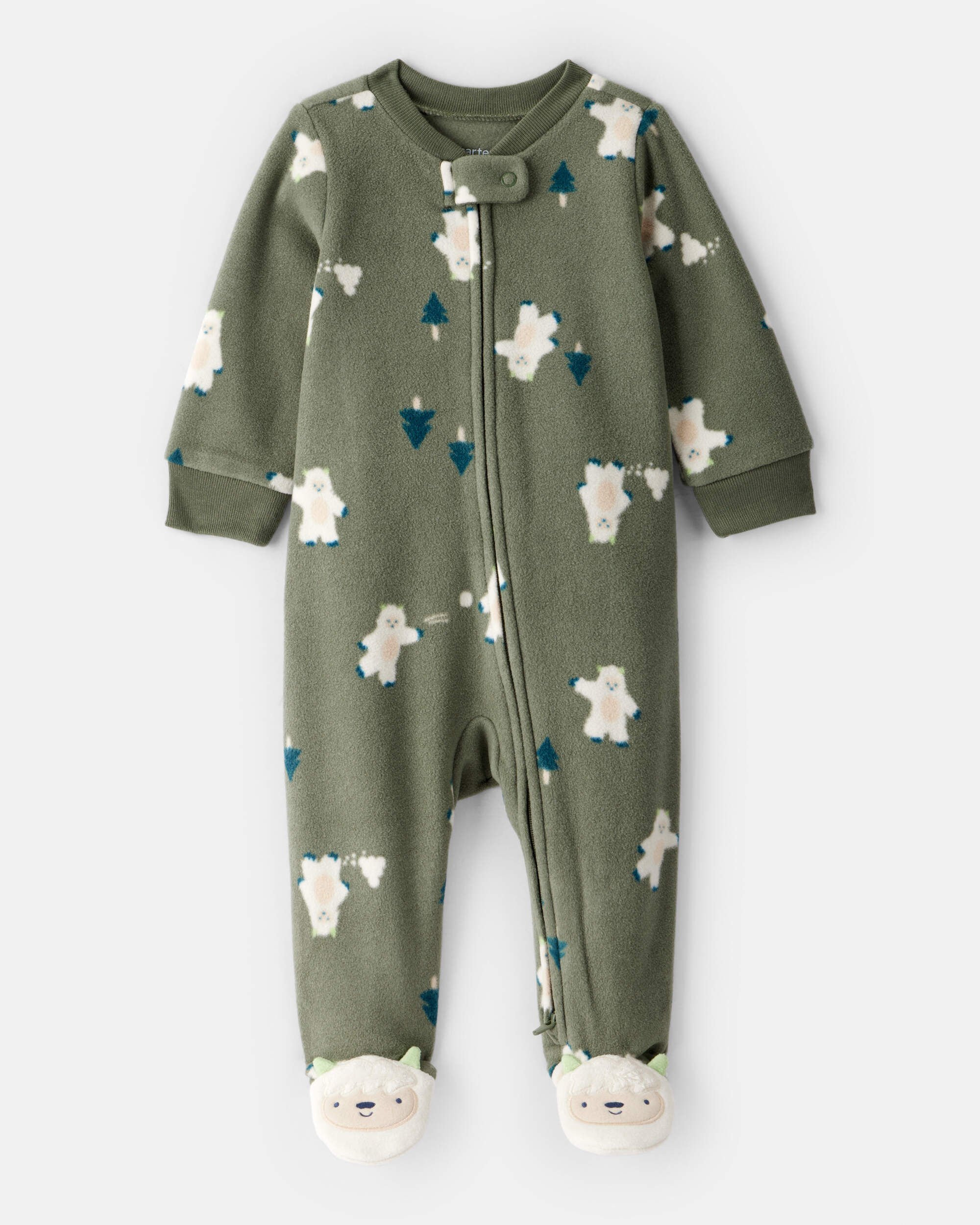 Baby Boy Yeti Fleece Loose Fit 2-Way Zip Sleep & Play Pajamas - Green