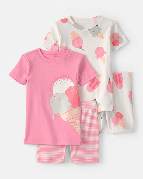 toddler girl ice cream 100% cotton short-sleeve snug fit 4-piece pajama set - pink/ivory