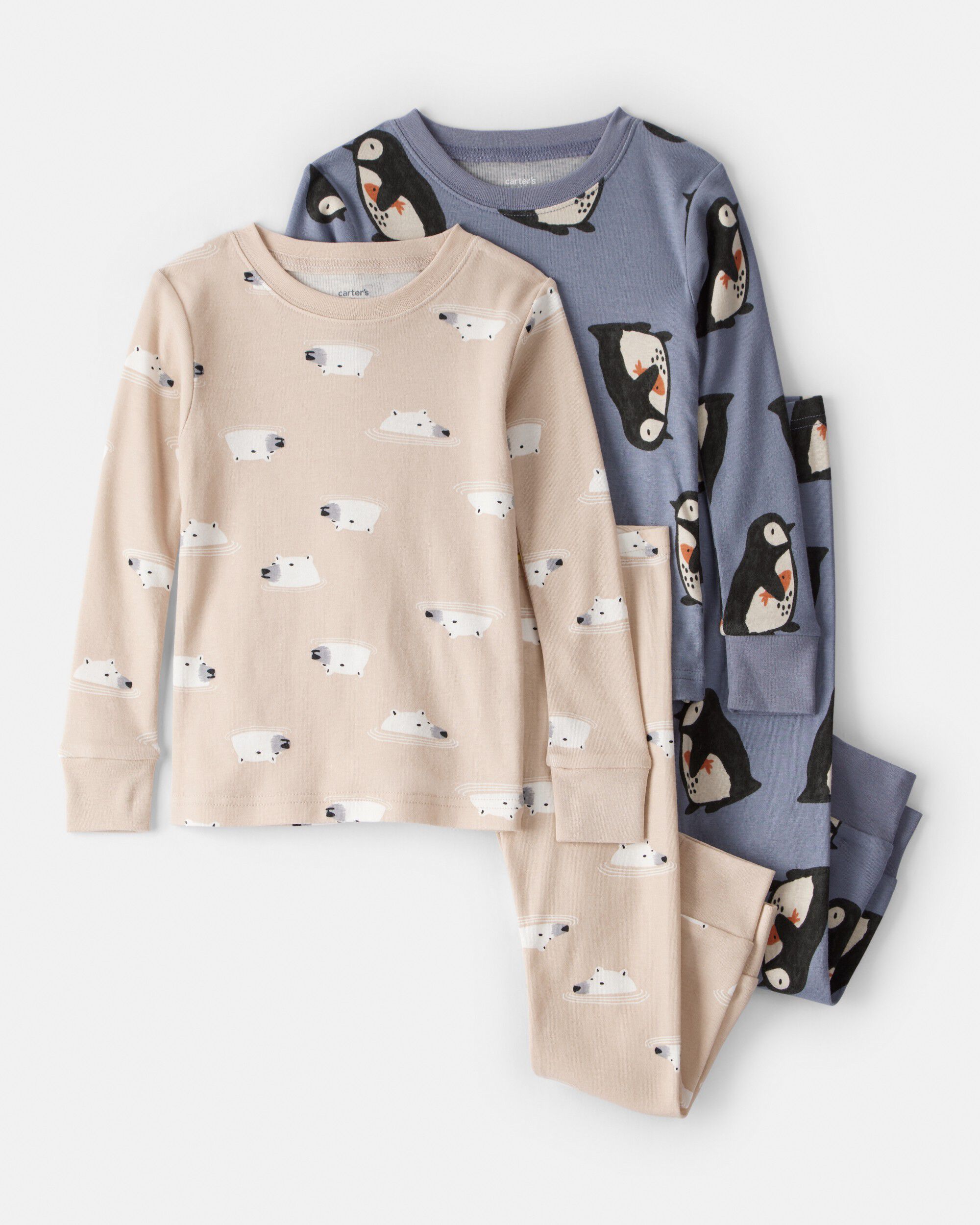 Toddler Boy Penguin & Polar Bear 100% Cotton Loose Fit 4-Piece Pajamas - Grey