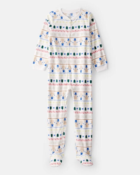 kid snowman fair isle fleece long-sleeve loose fit 1-piece pajamas - white