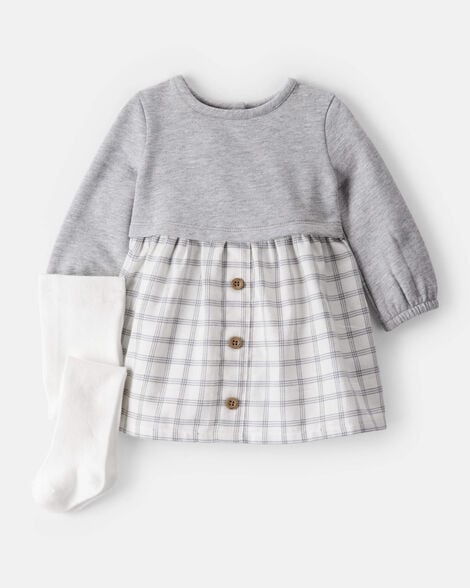 baby girl daydream fleece plaid dress - grey/white