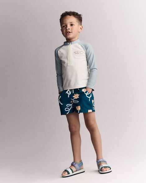 Toddler Boy Swim Trunk in Floral Print - Teal