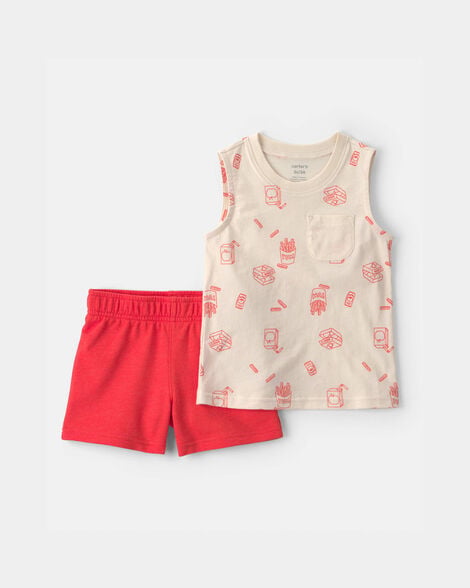toddler boy 2-piece snack time top & short set - cream/orange