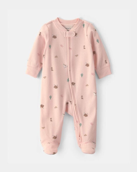 baby girl western 100% cotton 2-way zip sleep & play pajamas - pink