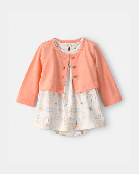 baby girl 2-piece beach cardigan & bodysuit dress set - orange/ivory