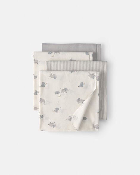 baby 4-pack elephant receiving blankets - grey/ivory