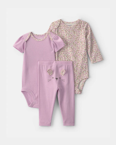 baby girl 3-piece bunny bodysuit & pant set - purple
