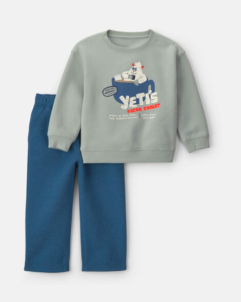 baby boy 2-piece yeti fleece top & pant set - green/blue