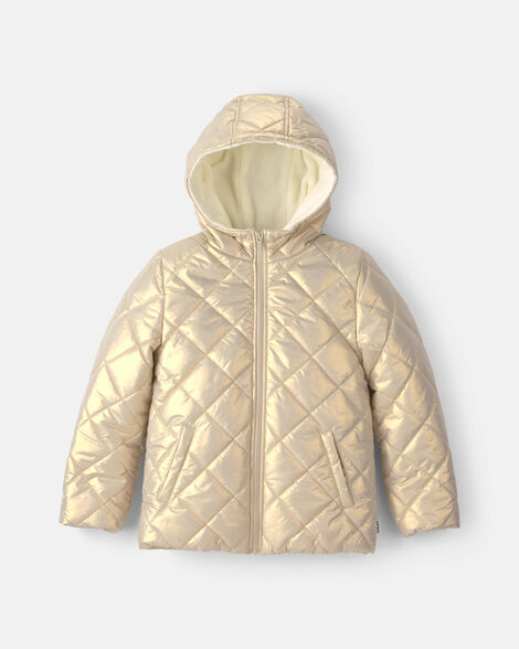 girls iridescent hooded heavyweight quilted winter jacket - gold