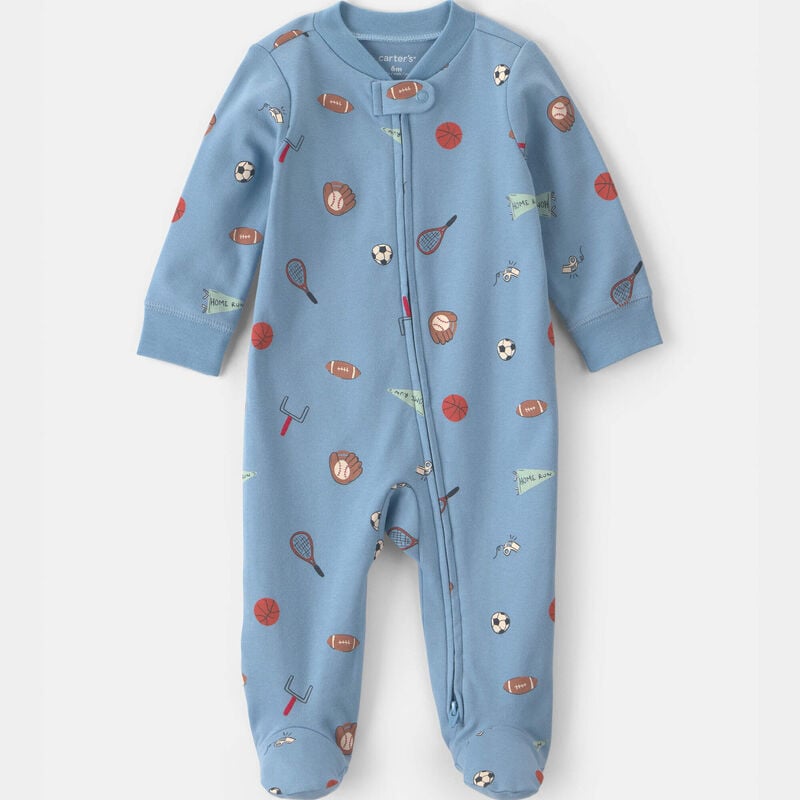 Baby Boy Sports 100% Cotton 2-Way Zip Sleep & Play Pajamas - Blue