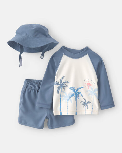 baby boy 3-piece palm tree long-sleeve rashguard swimsuit set - blue/white