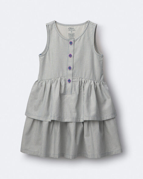 Toddler Girl Tiered Drop-Waist Dress in Stripes - Cream/Light Blue