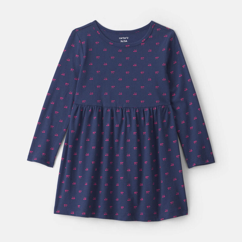 Toddler Girl Bow Long-Sleeve Dress - Navy Blue