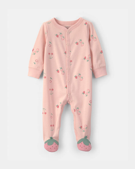baby girl strawberry 100% cotton sleep & play pajamas - pink