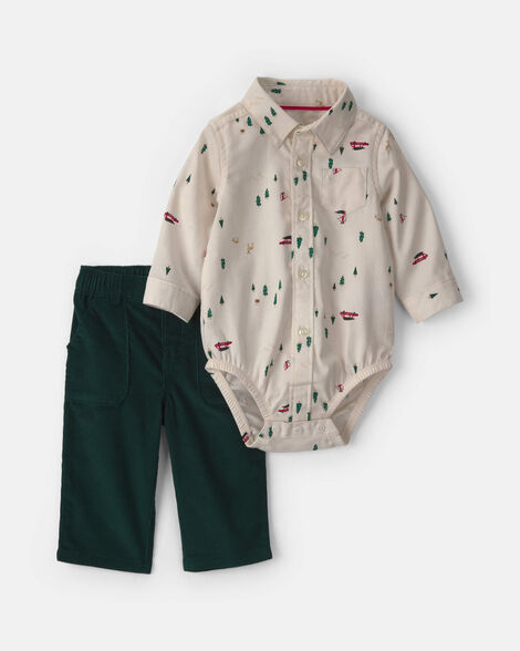 baby boy 2-piece christmas twill long-sleeve top & pant set - cream/green