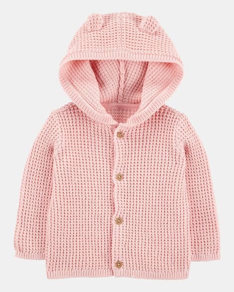 baby hooded waffle knit cardigan - pink
