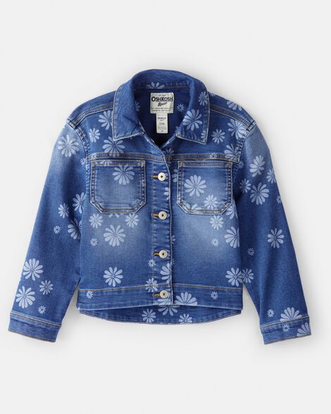 Girls Dark Wash Floral Denim Jacket - Blue