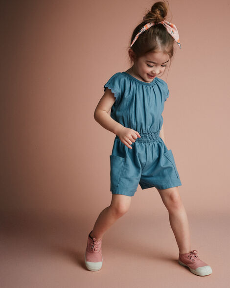 Toddler Girl Ric-Rac Swing Romper with Pockets - Blue