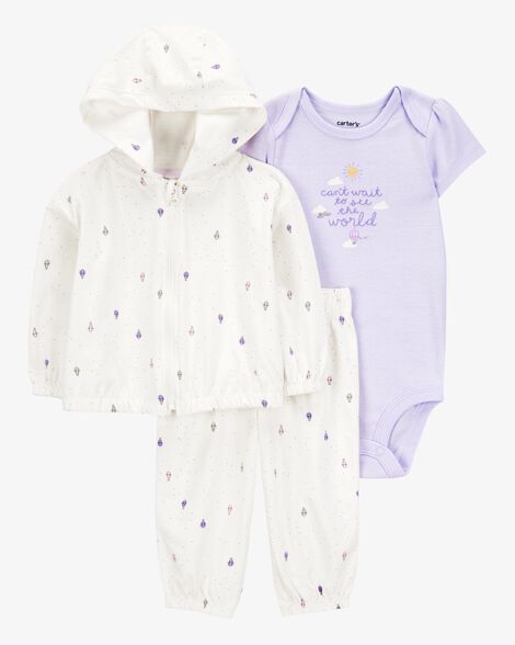 Product image 1 of Baby Girl 3-Piece Hot Air Balloon Print Little Cardigan Set - White/Purple
