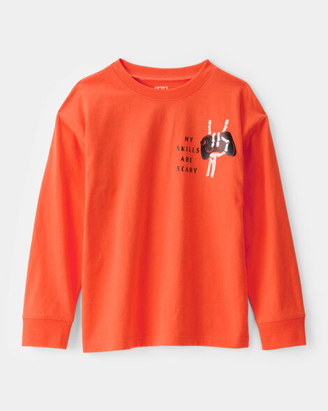 kid halloween video game long-sleeve graphic tee - orange