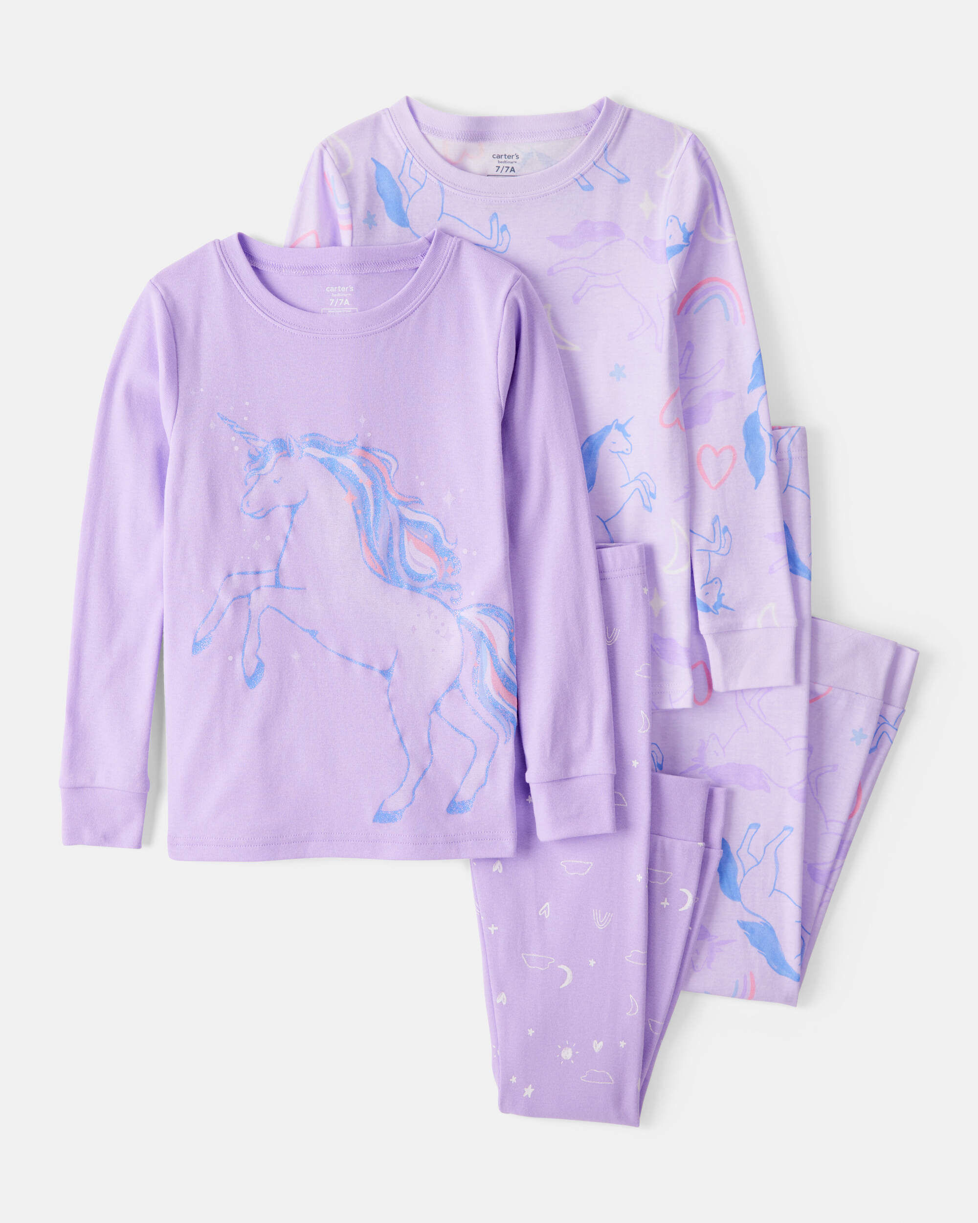 Girls Unicorn Print 100% Cotton Long-Sleeve 4-Piece Pajamas - Purple