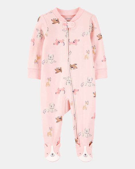 baby girl dog print 2-way zip cotton sleep & play pajamas - pink