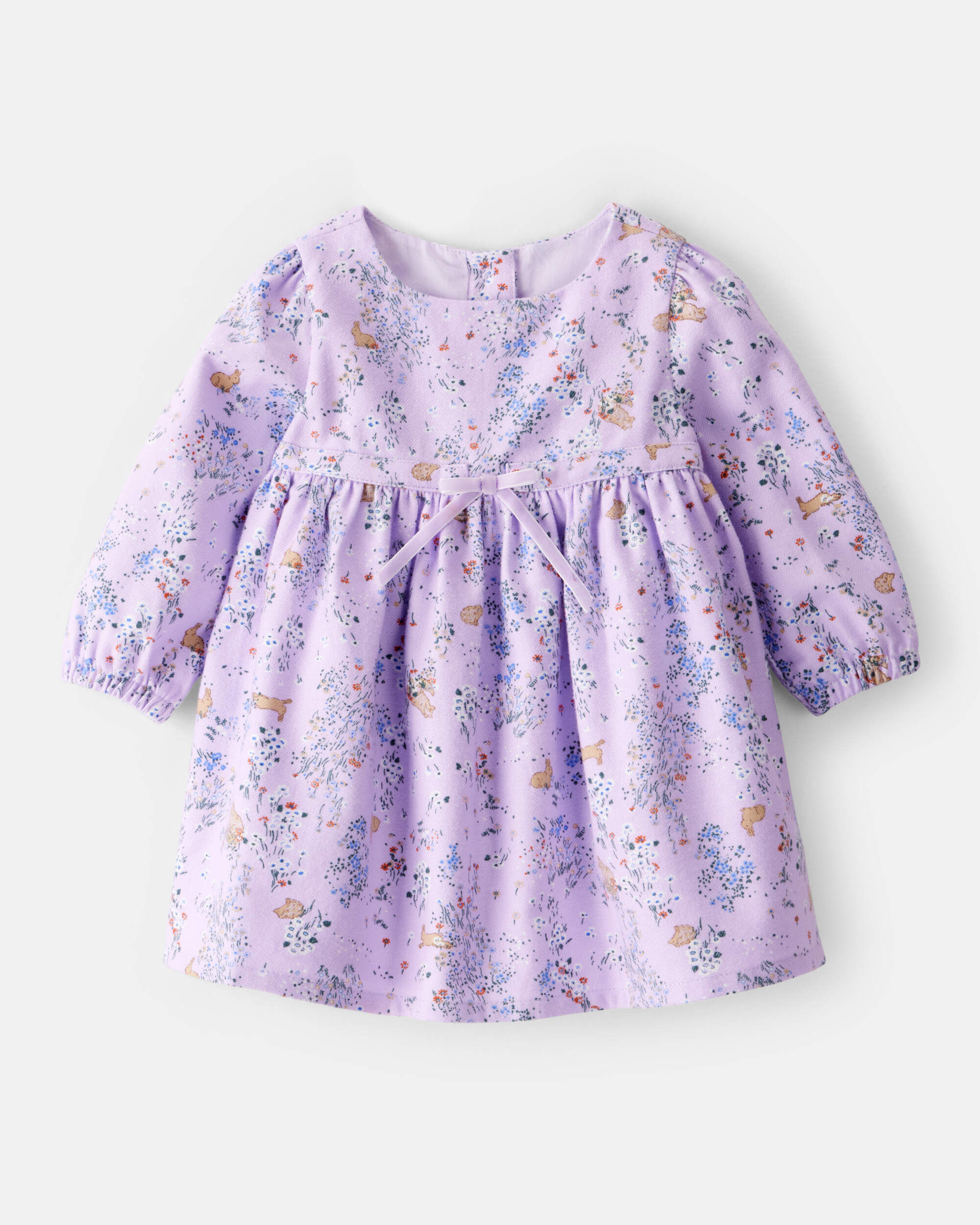 Baby Girl Floral Bunny Print  Long-Sleeve Dress - Purple