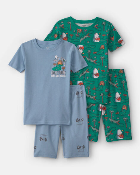 boys mini golf 100% cotton short-sleeve snug fit 4-piece pajama set - green/blue