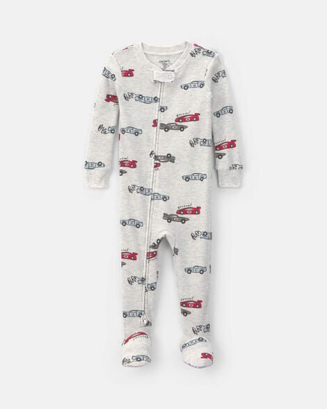 toddler boy race car thermal waffle knit 1-piece pajama - cream