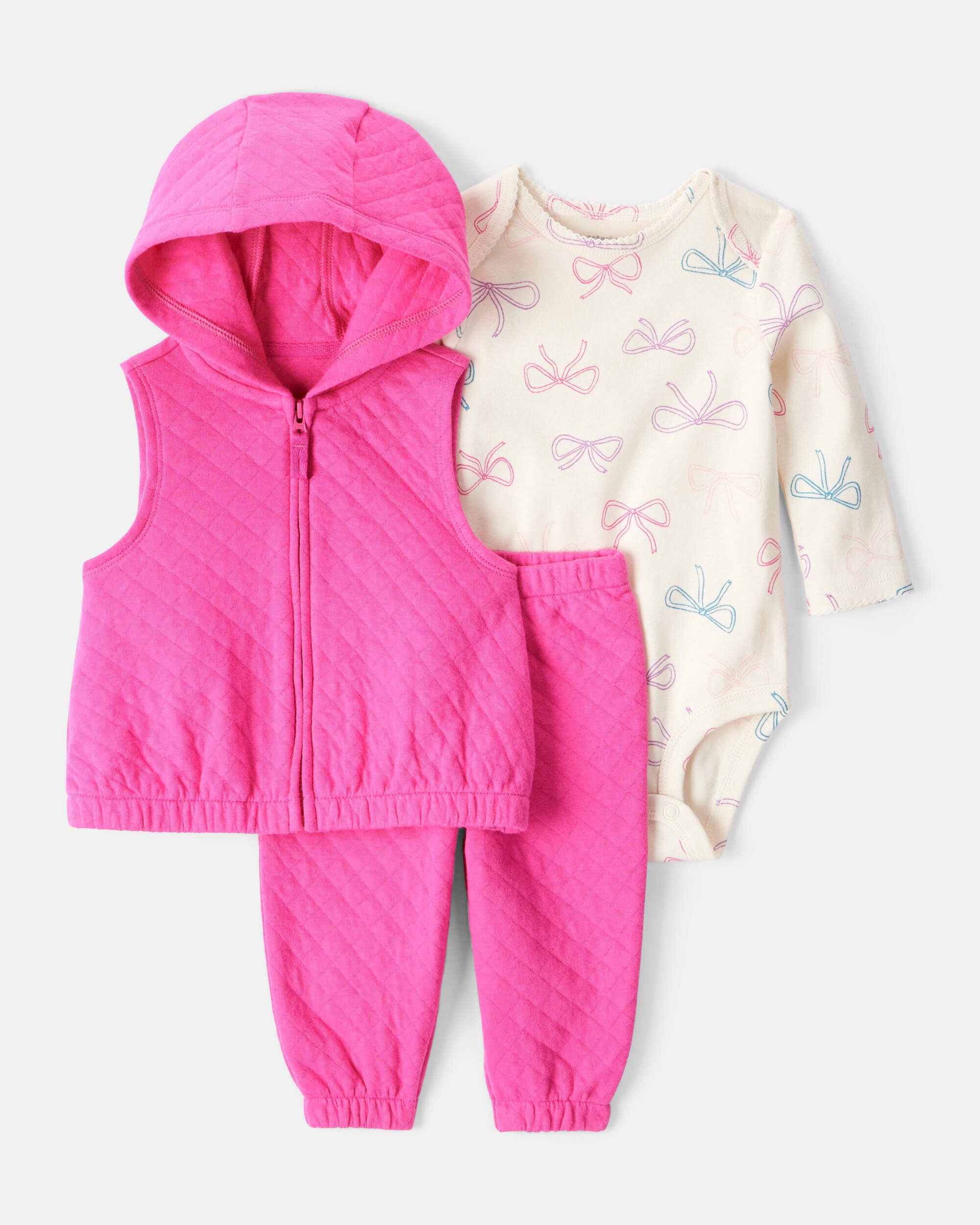 Baby Girl 3-Piece Bow Print Bodysuit, Vest & Pant Set - Pink