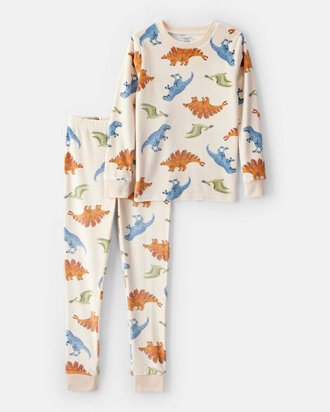 Product image 1 of Boys Dinosaur Print Velour Long-Sleeve Loose Fit 2-Piece Pajamas - Tan