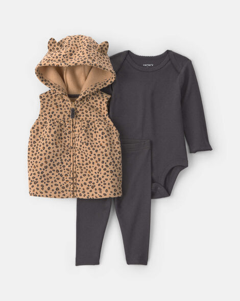 baby girl 3-piece leopard fleece long-sleeve layering set - brown/black