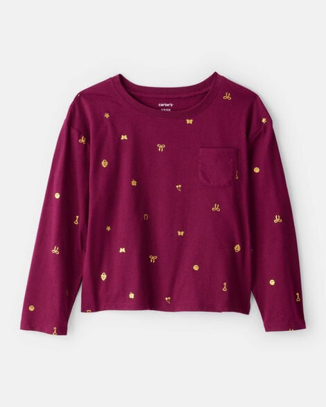 girls bow print pocket tee - maroon