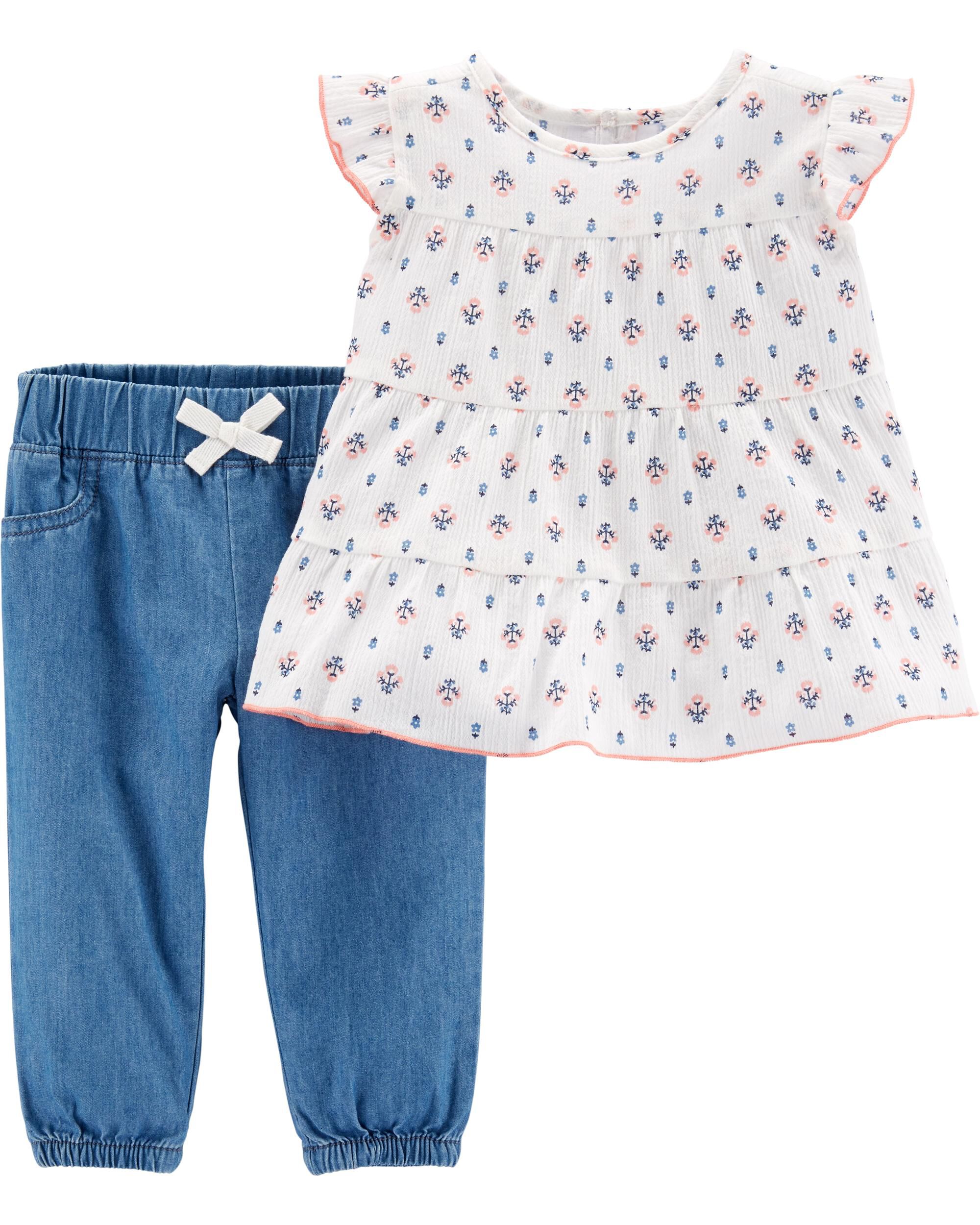 baby girl carter's floral tee & chambray shortalls set