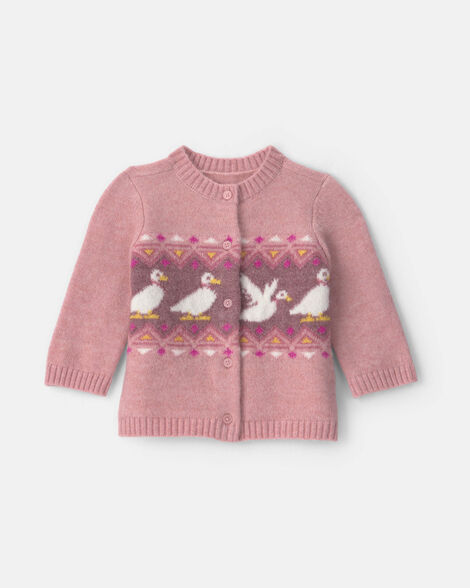 Baby Girl Duck Fair Isle Cardigan Sweater - Pink