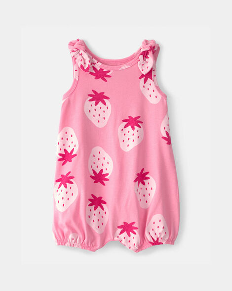 baby girl strawberry sleeveless romper - pink