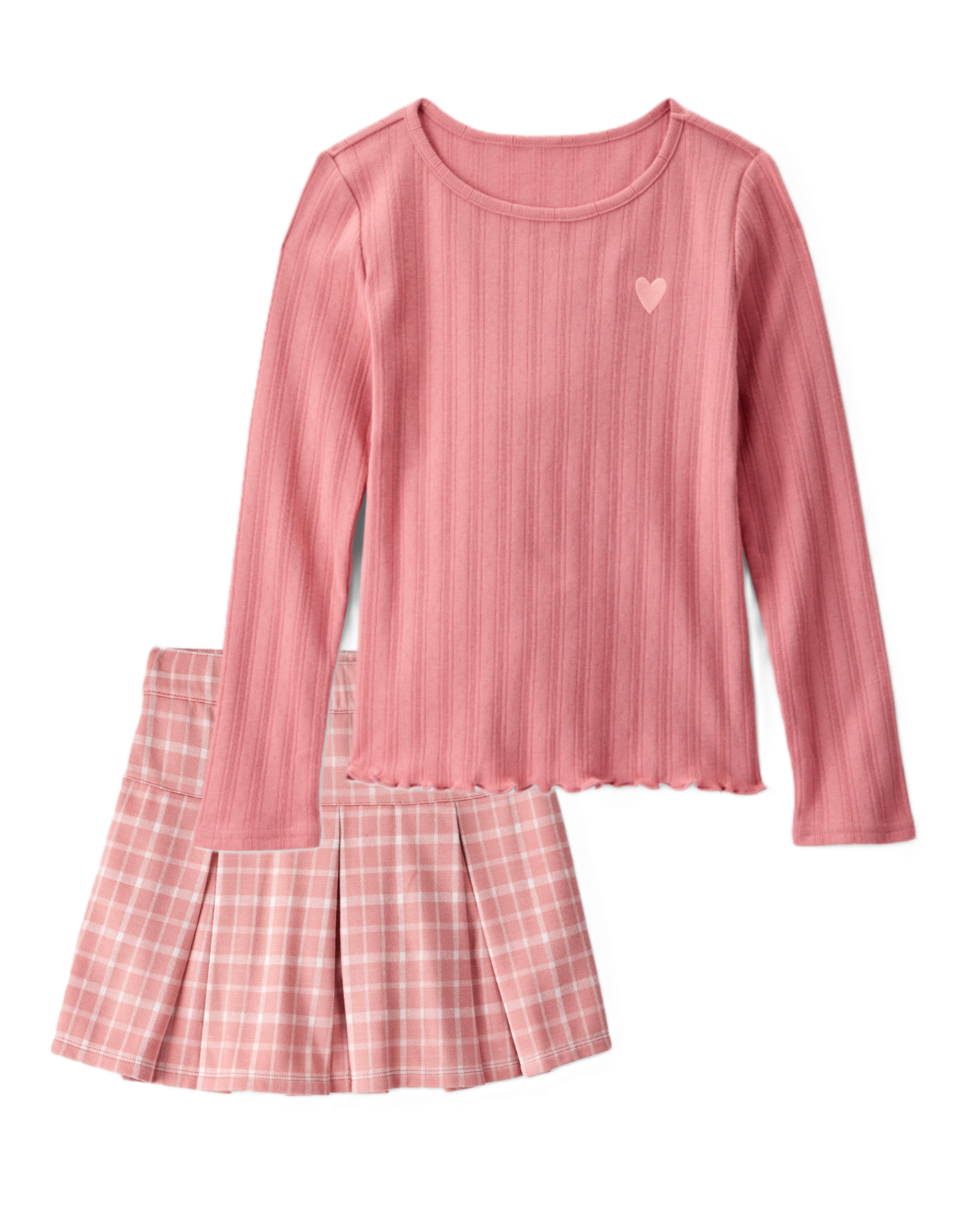 Girls 2-Piece Embroidered Heart Tee & Plaid Pleated Skirt Set - Pink