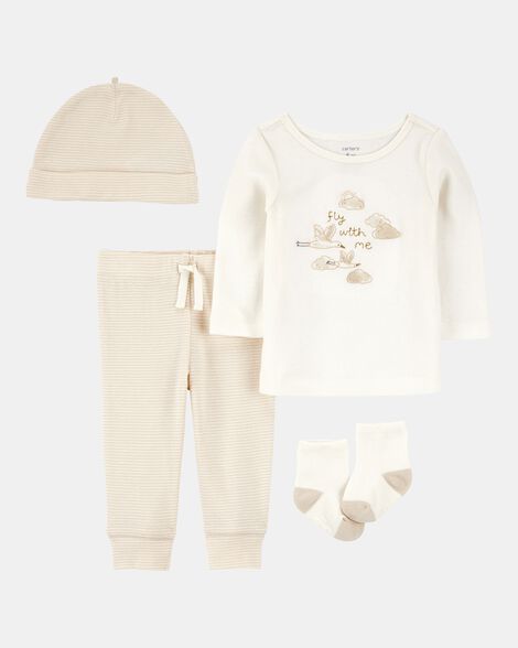 baby 4-piece cloud print outfit set - white/tan