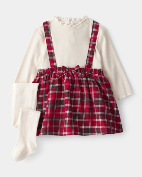 baby girl 3-piece plaid print tee, skirt & tight set - red
