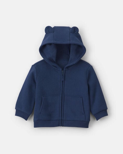 baby boy bear fleece zip-up hoodie - navy blue