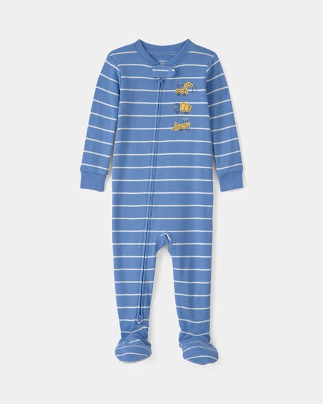 toddler boy construction striped 100% cotton snug fit 1-piece pajama - blue