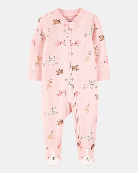 baby girl dog print 2-way zip cotton sleep & play pajamas - pink